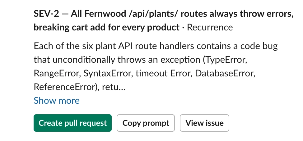 A Superlog issue with actions to create a pull request, copy the prompt, or view the issue