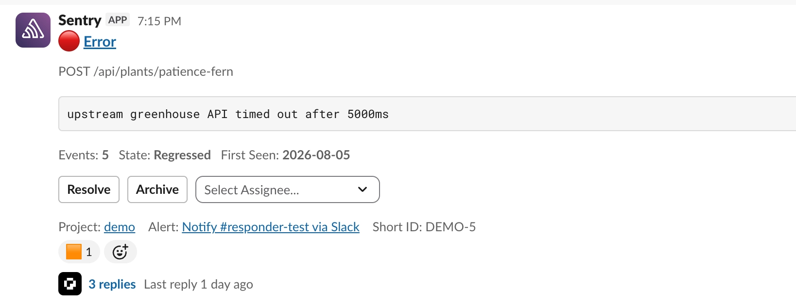 A Sentry alert in Slack with a severity indicator and Superlog thread